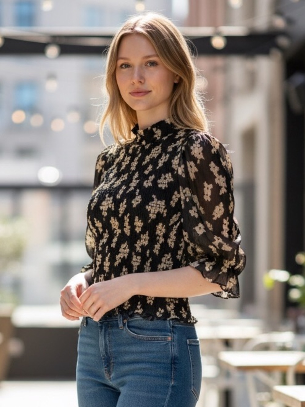 Womens Time and Tru Navy Abstract Smocked High-Neck Blouse.